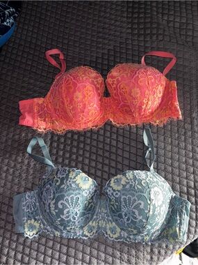 Victoria's Secret Coral Pink & Teal Lace Strapless Push-Up Bras (2)